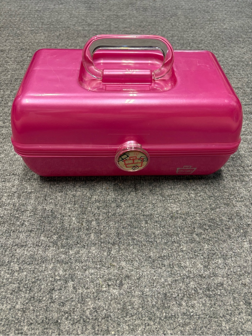 Vintage Caboodles Hot Pink Glossy Hard Shell Makeup Case with Clear Handle